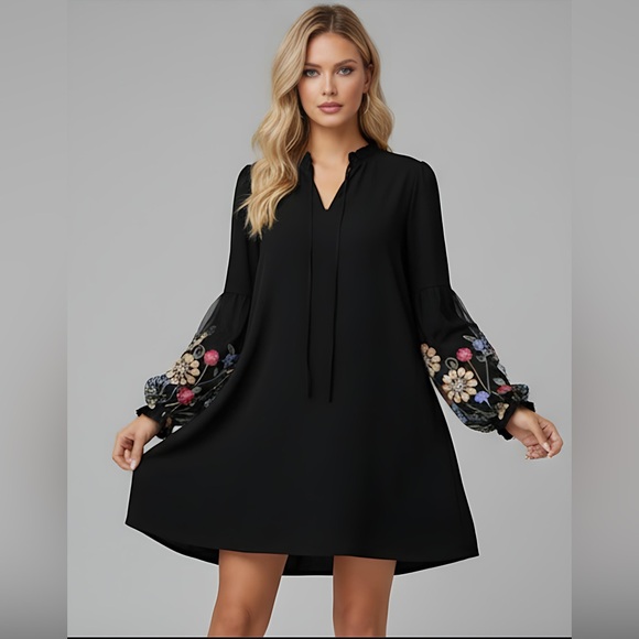 Boho Floral Embroidered Lantern Sleeve Dress - Picture 2 of 10